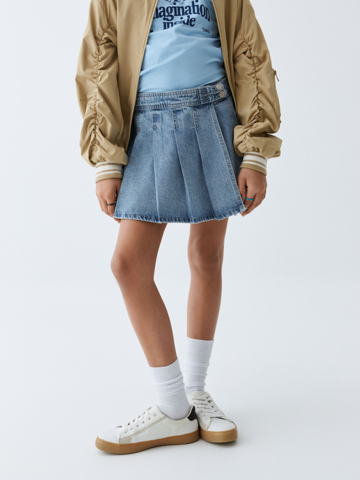 Джинсовая юбка-шорты в складку для девочек юбка джинсовая на пуговицах