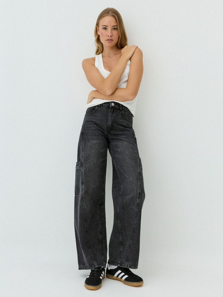 Джинсы Wide Leg с винтажной стиркой укороченные джинсы wide leg с накладными карманами