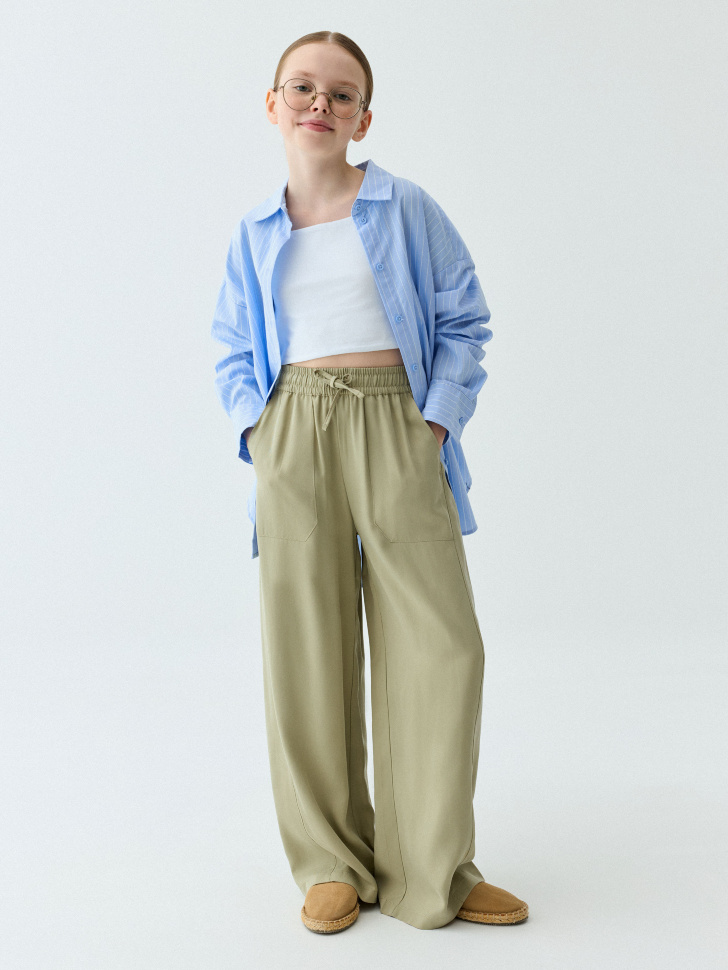Широкие брюки из лиоцелла для девочек широкие брюки с карманами