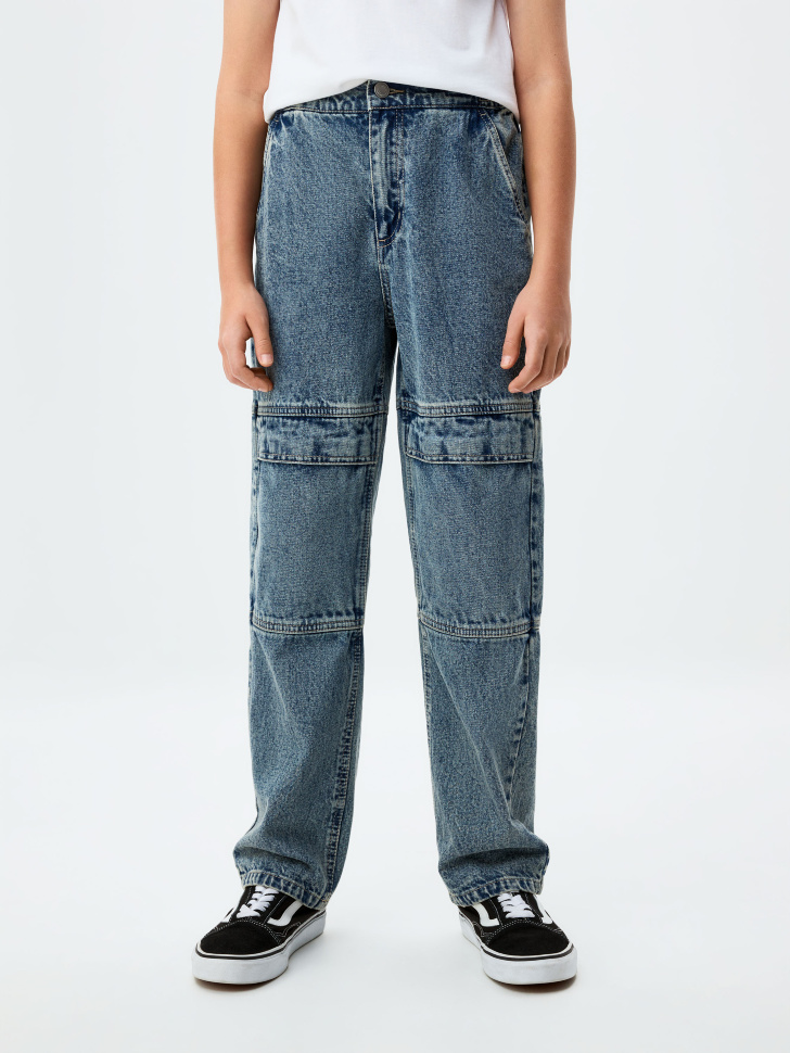 Джинсы Baggy fit с карманами для мальчиков укороченные джинсы wide leg с накладными карманами