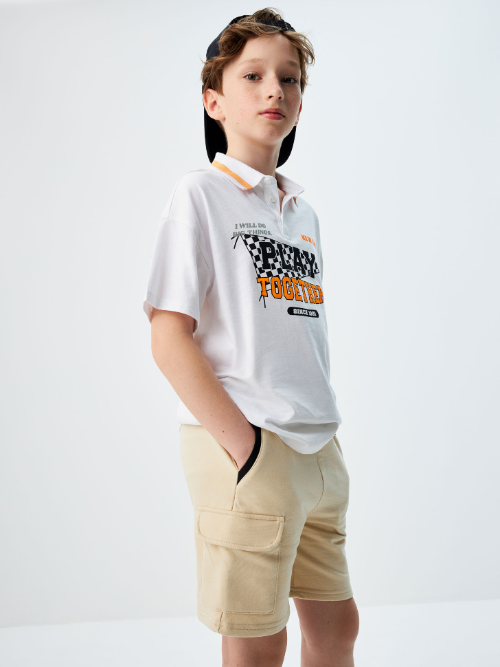 Трикотажные шорты с накладным карманом для мальчиков (бежевый, 152) sela 4640226012034 - фото 1