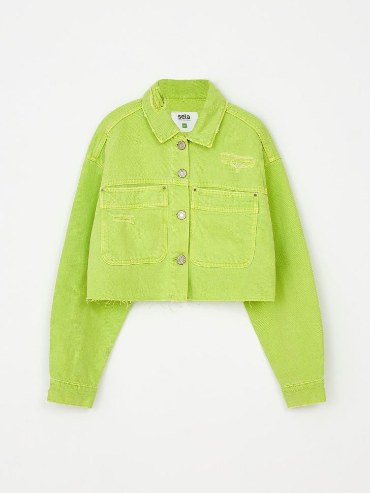 Джинсовая куртка с потертостями для девочек (зеленый, 164) sela 4680168551192