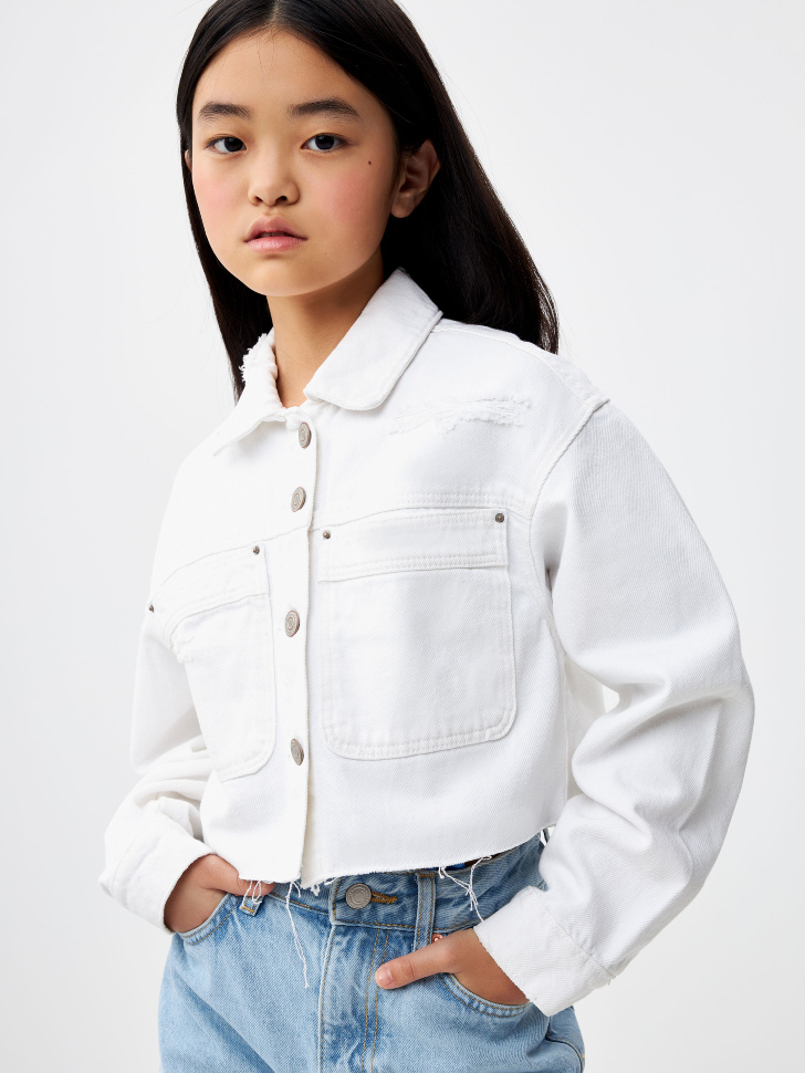 Джинсовая куртка с потертостями для девочек (белый, 128) sela 4680168551055