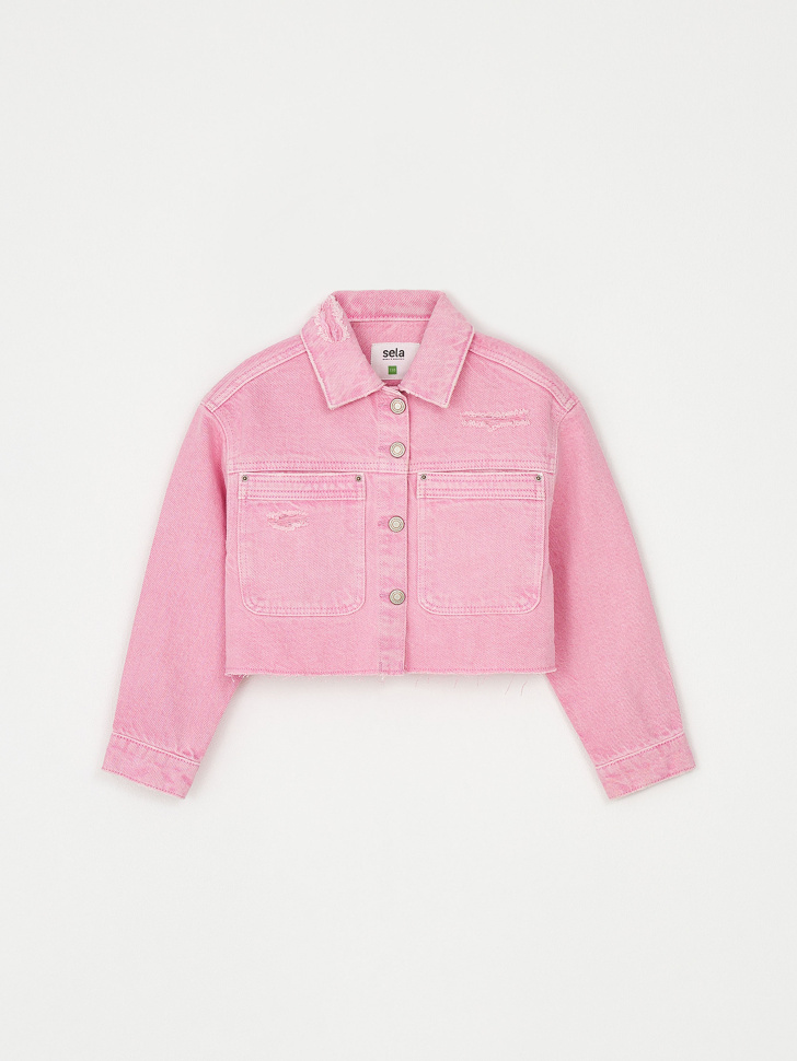 Джинсовая куртка с потертостями для девочек (розовый, 104) sela 4680168551253