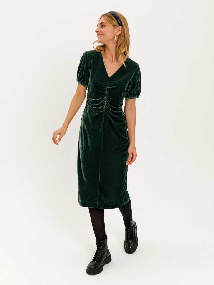 Бархатное платье с драпировкой (зеленый, XS) sela 4603375150590 - фото 3