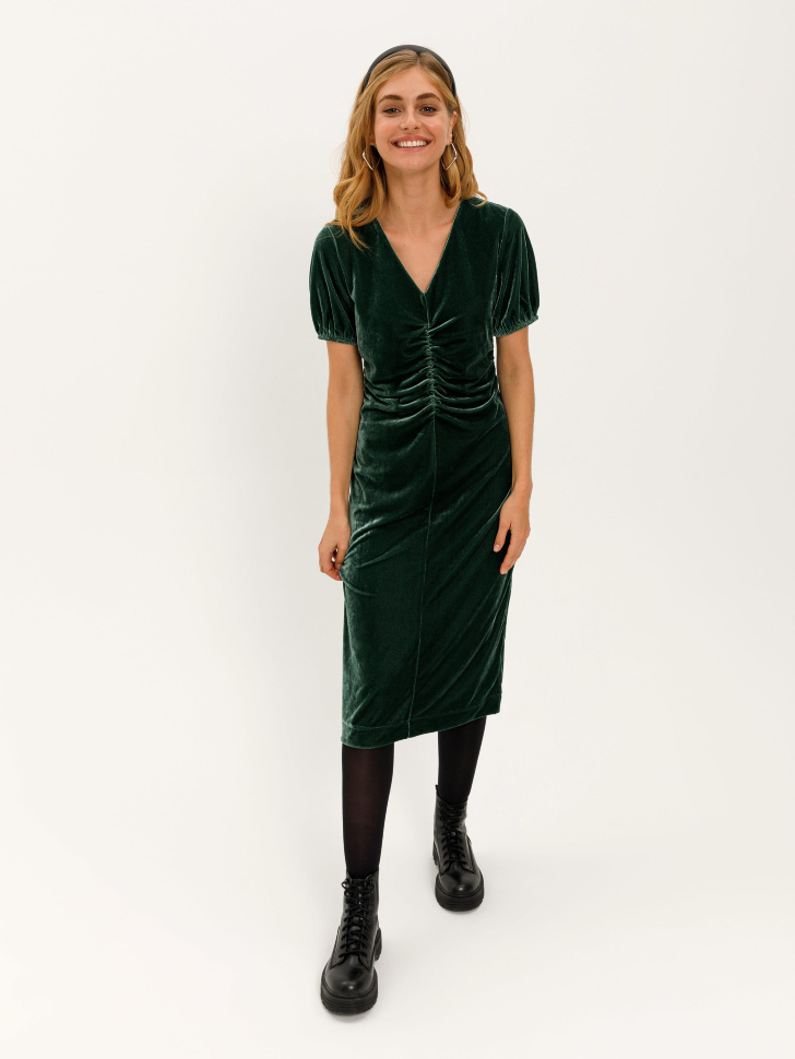 Бархатное платье с драпировкой (зеленый, XS) sela 4603375150590 - фото 7