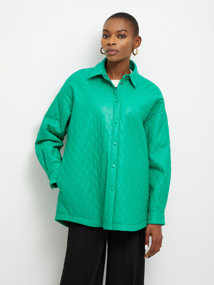 Cтеганая куртка-рубашка из экокожи (зеленый, L) sela 4680129269029 - фото 1