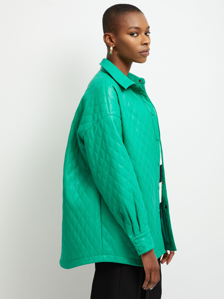 Cтеганая куртка-рубашка из экокожи (зеленый, S) sela 4680129269005 - фото 2