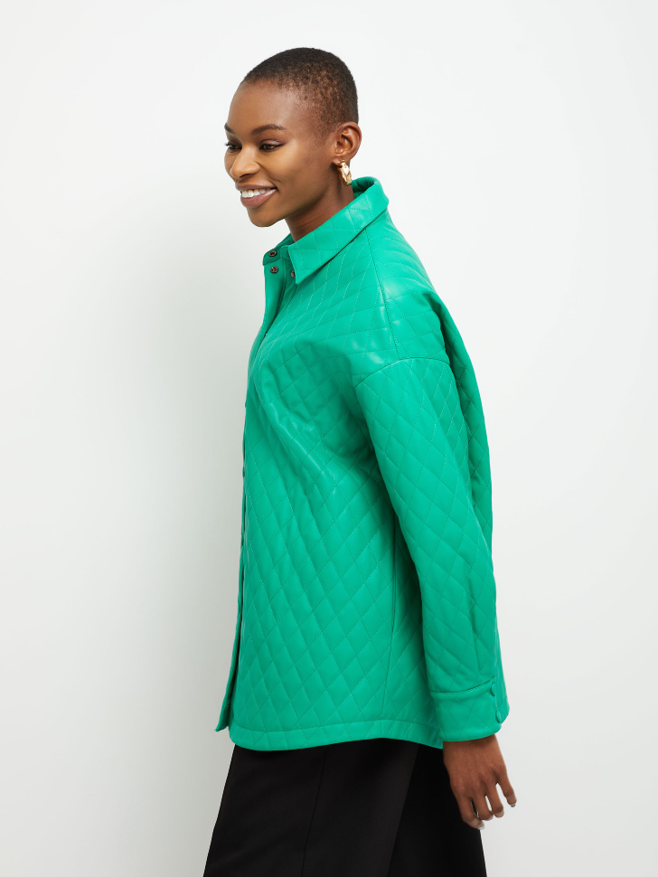 Cтеганая куртка-рубашка из экокожи (зеленый, L) sela 4680129269029 - фото 4