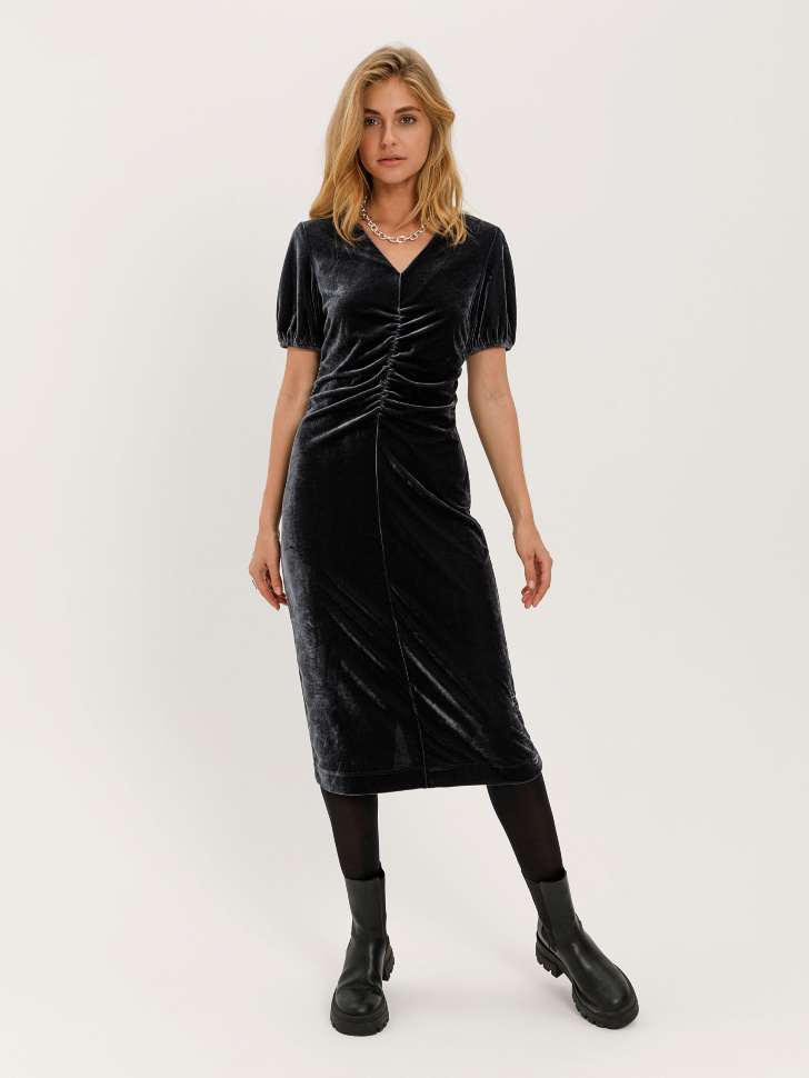 Бархатное платье с драпировкой (серый, XS) sela 4603375130745 - фото 4
