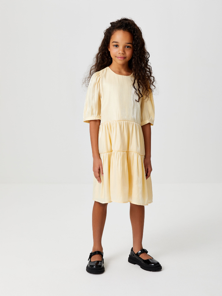 Ярусное платье с эффектом металлик для девочек (желтый, 146/ 11-12 YEARS) sela 4680129165482 - фото 1