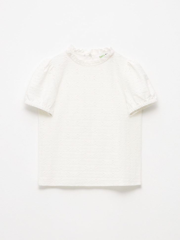 фото Кружевная блузка с рукавами-фонариками для девочек (белый, 140) sela