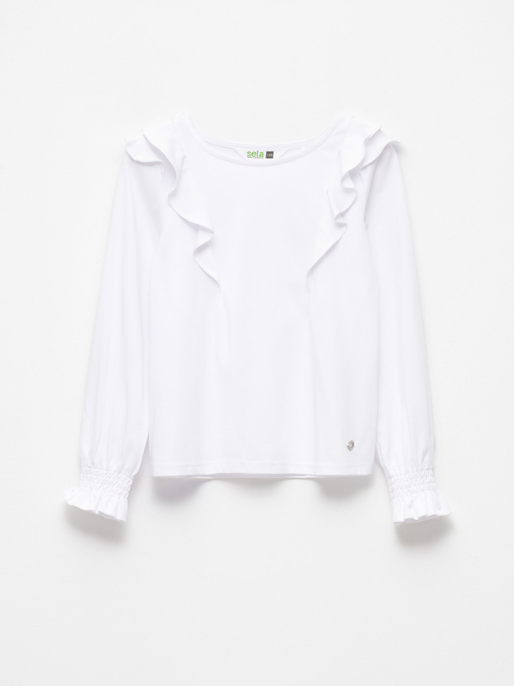 Трикотажная блузка с оборками для девочек (белый, 122) sela 4680129633349 - фото 2